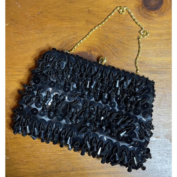 Clutch Bag Black Beaded Evening Clutch Made Hong Kong MCM Kiss Lock Gold Chain - Picture 1 of 5
